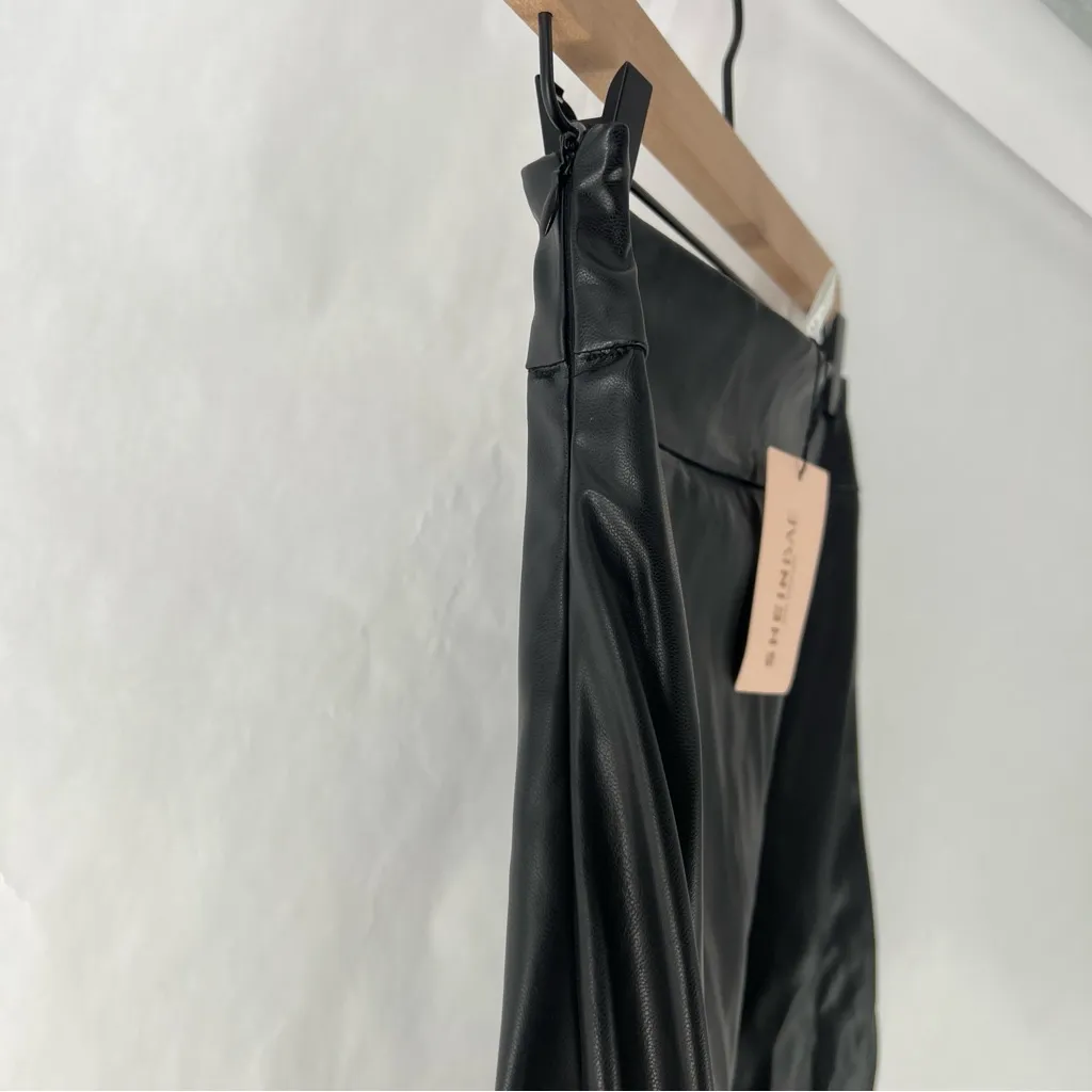 Shein Elegant Black Faux Leather‎ High Rise Front Skit Women's Midi Pencil Skirt - Image 7
