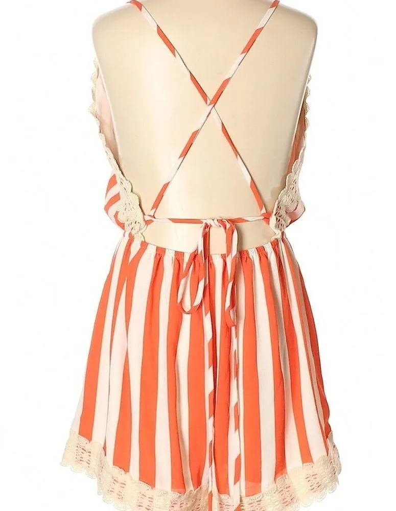 ILLA ILLA med crochet romper orange striped v-neck boho shorts lace detail NWT - Image 4