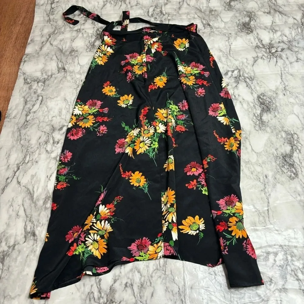 MANGO MNG Floral Print Black Yellow Midi skirt with Belt size 2 NWT New - Image 2