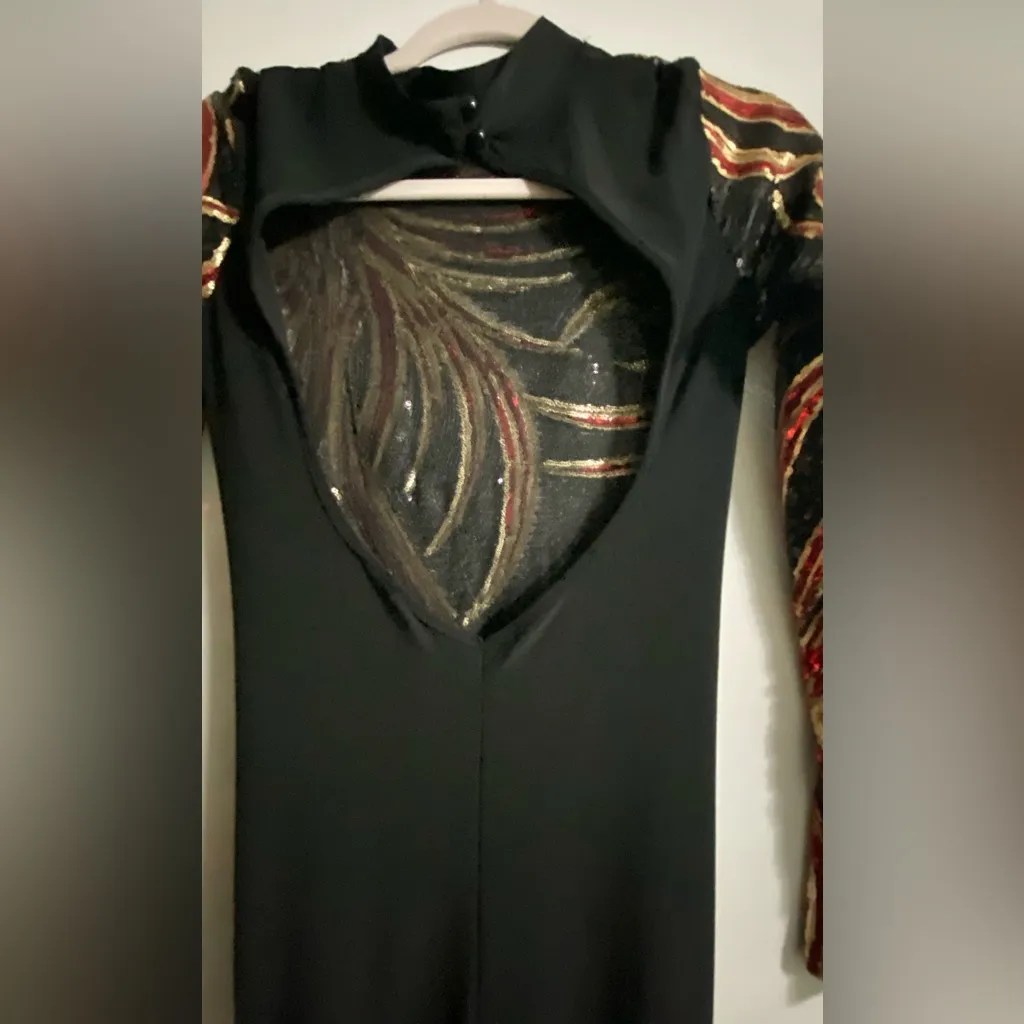 Sequence Open Back Black Red and Gold Long Sleeve Pant Bodysuit Womens Sz Small - Image 6