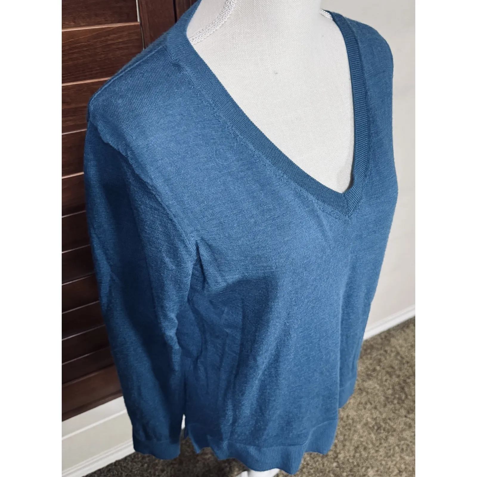 Katherine Barclay 100% Merino Wool Sweater Women's XL Teal Green Vneck - Image 2