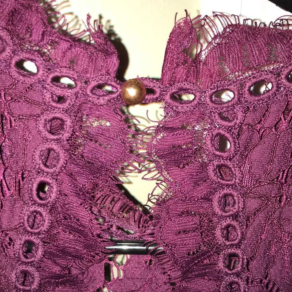 x Free People Cherie Lace Mock Neck Open Back Purple Mini Dress - Image 7