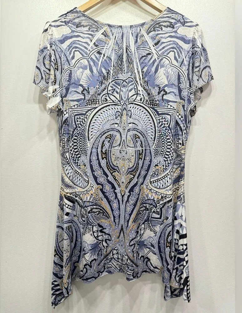 World Unity Top Blue and Ivory Paisley Blue Cutout Lace & Sequins Medallion M Size M - Image 6