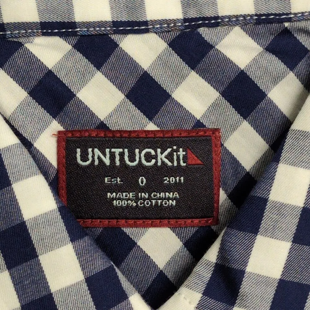 NWT UNTUCKIT Belleza Navy Gingham Button Down Regular Fit Long Sleeve Shirt Sz 0 Blue - Image 6