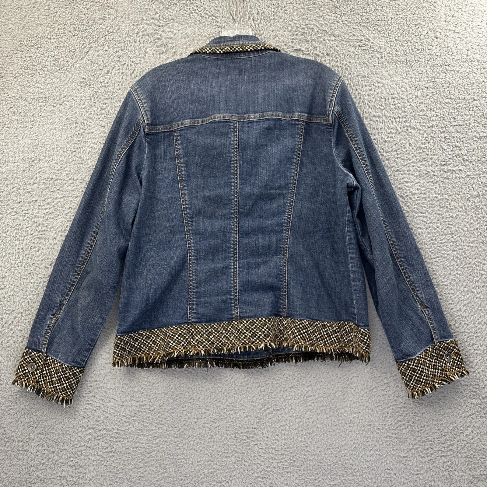 Coldwater Creek Denim Jean Jacket Tweed Trim Boho Stretch Button Down Women's 16 - Image 2