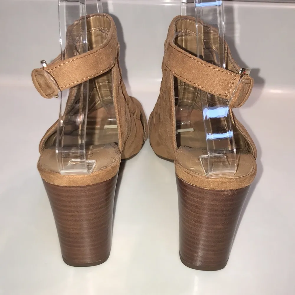 Franco Sarto Women’s Faux Suede Vegan Brown Cut-Out Design Ankle Strap Heels - Image 6