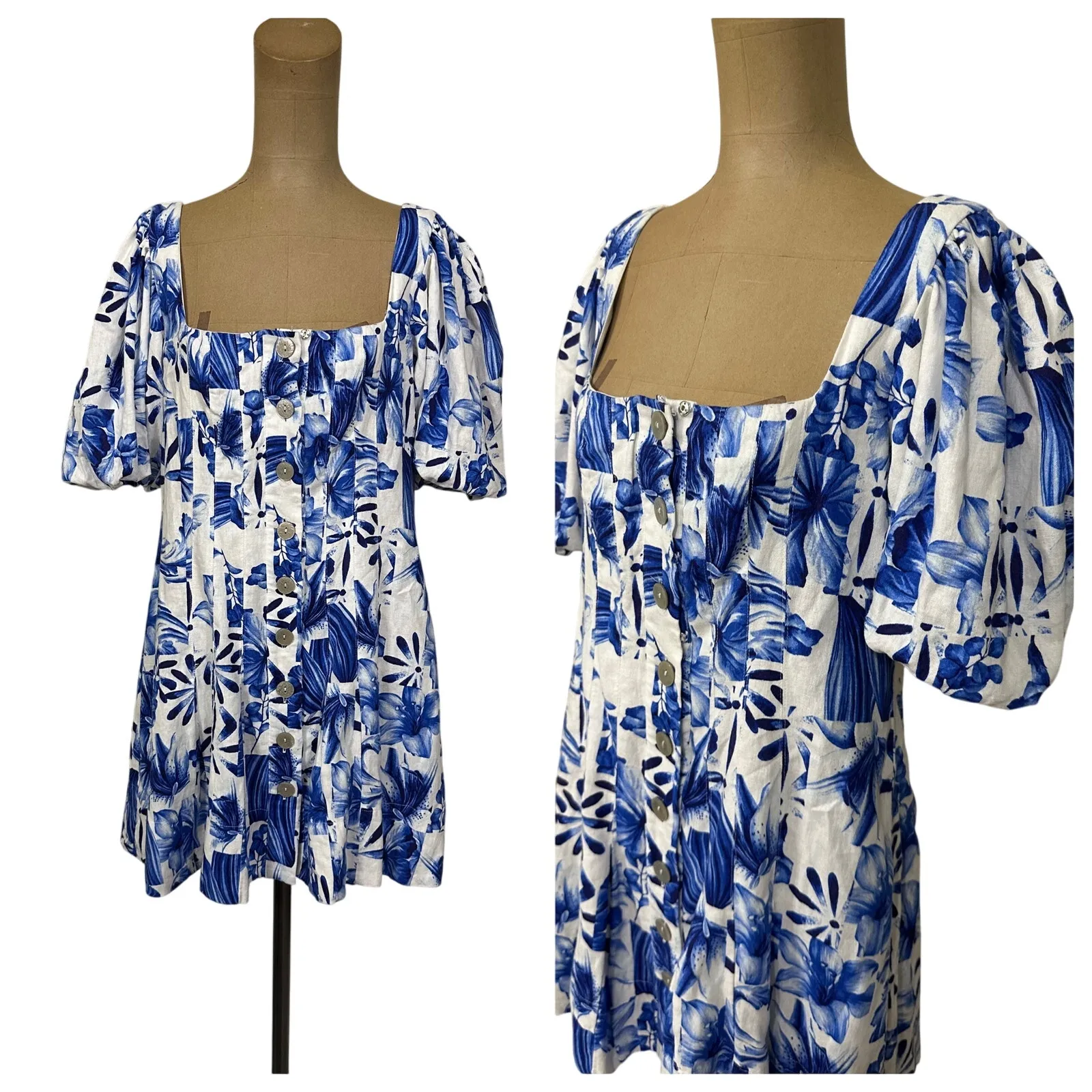 Caroline Constas Mini Dress Blue Floral Short Sleeve Linen Blend New Size 10 - Image 3