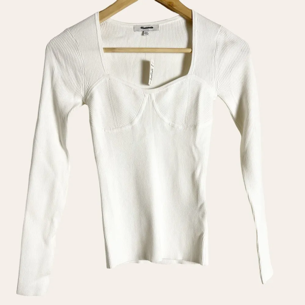 Madewell White Wide Rib Long Sleeve Sweetheart Sweater Top Size XXS - Image 6