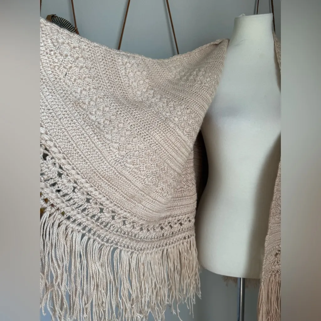 Tan Knit Shawl Scarf Fringe, Tree Skirt - Image 3