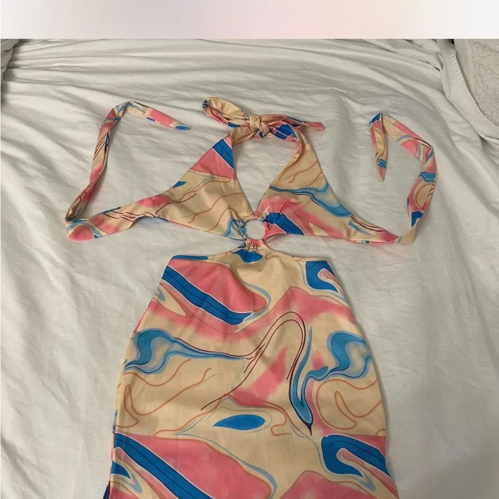 Sexy Halter Dress Sleeveless Deep V Neck Rainbow Print Party Club Dress Mini - Image 5