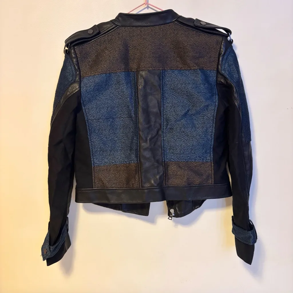 BCBG Max Azria Patchwork Color Block Leather Moto Jacket Black Blue Womens XS - Image 5