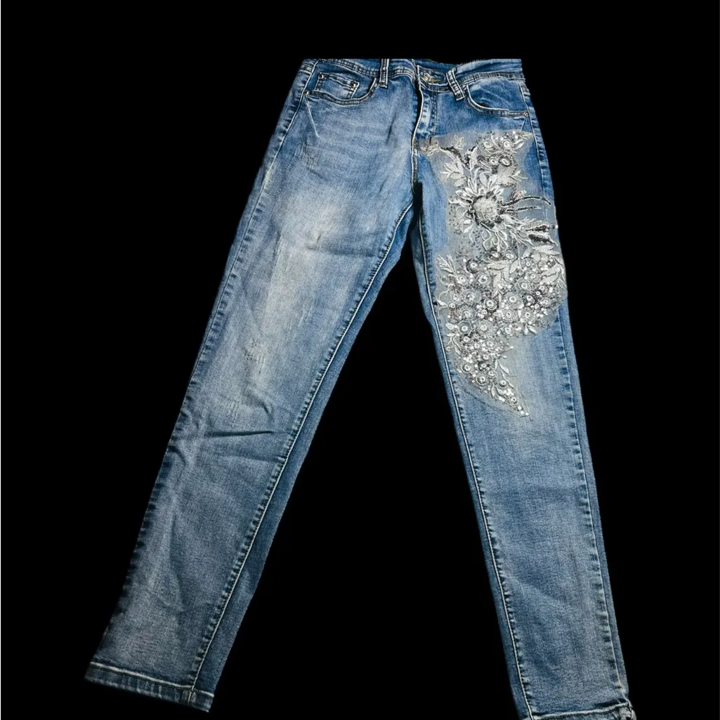 Y2K Blue Skinny Jeans with Intricate Floral Embroidery Size undefined - Image 2