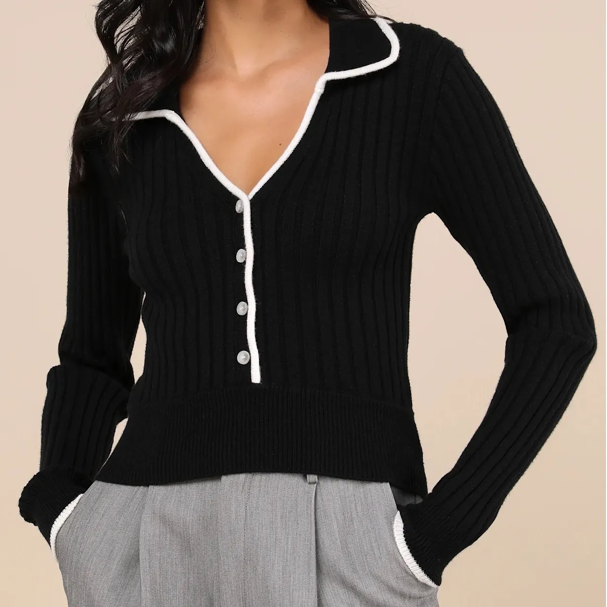 Lulus Black Ribbed Collared Button Up Cardigan Sweater Cream Trim Size M - Image 3