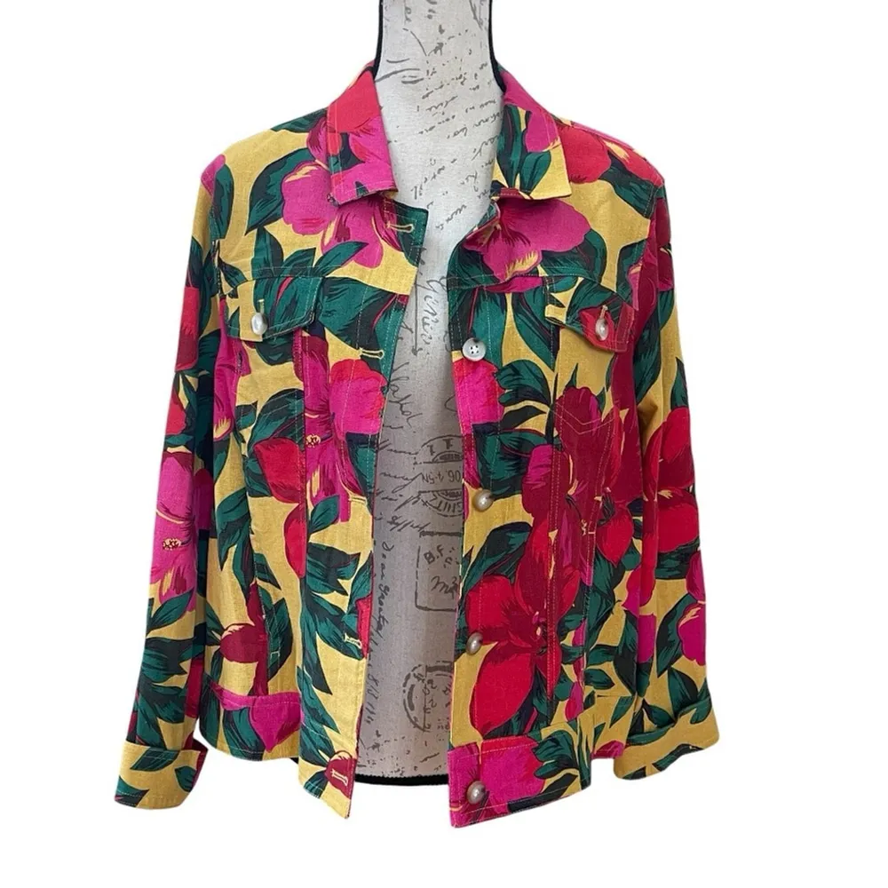 Jones & Co Jones New York XLARGE Linen Blend Tropical Floral Jacket Long sleeve - Image 3
