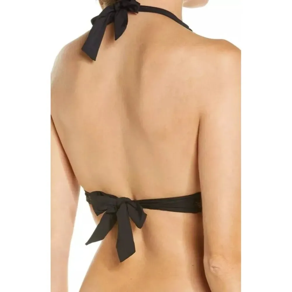 Becca Crochet Bikini Top Halter Triangle Removable Cups Black M - Image 2