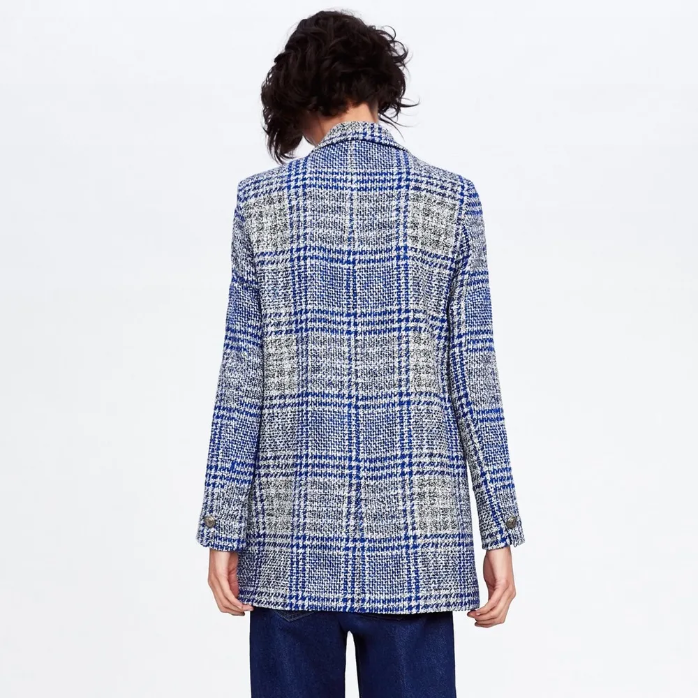 Zara Frock Blazer Coat Plaid Pronounced Shoulders Blue/White Color Size XS NWT. - Image 7