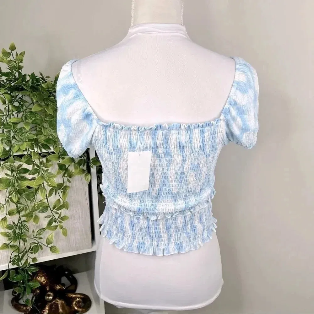 LUSH Blue and White Swirl Smocked Short Sleeve Crop Top NEW Size M - Image 6