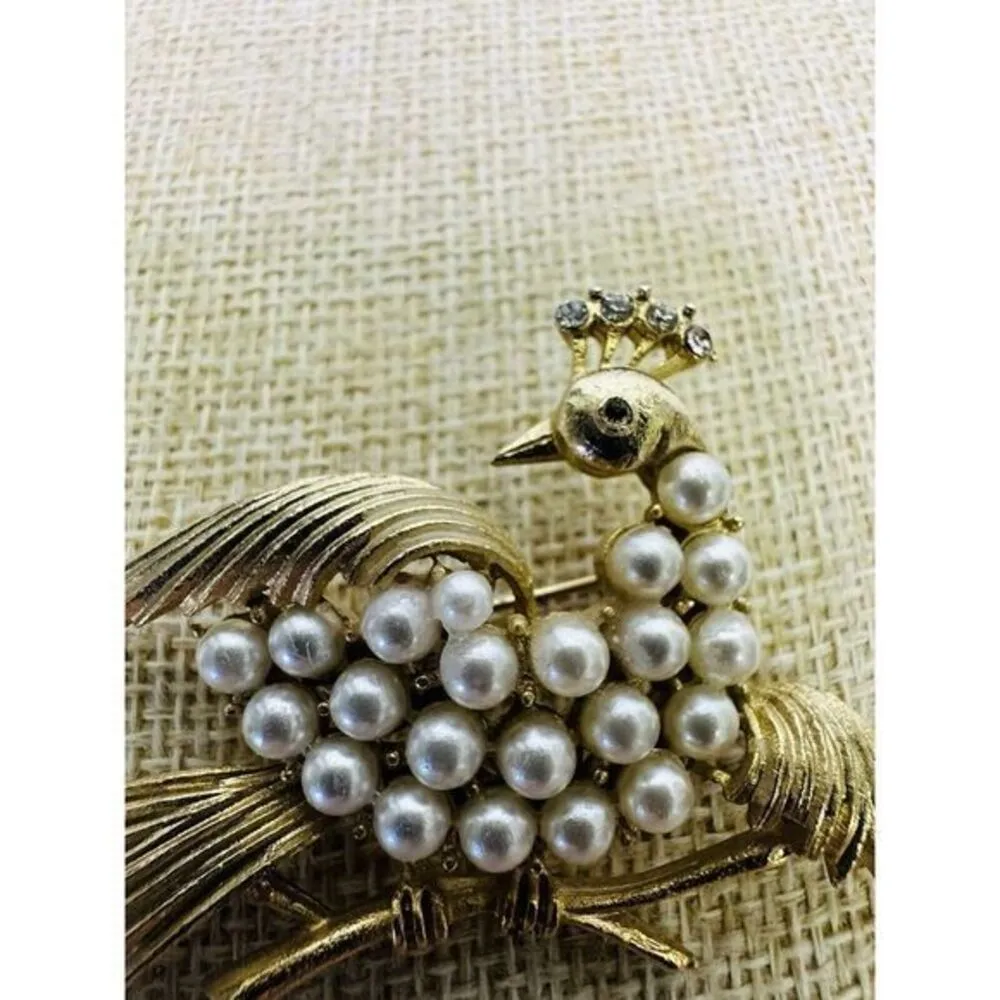Peacock Lapel Pin Brooch Gold‎ Tone Costume Pearl Accents Fashion Jewelry Gold - Image 2