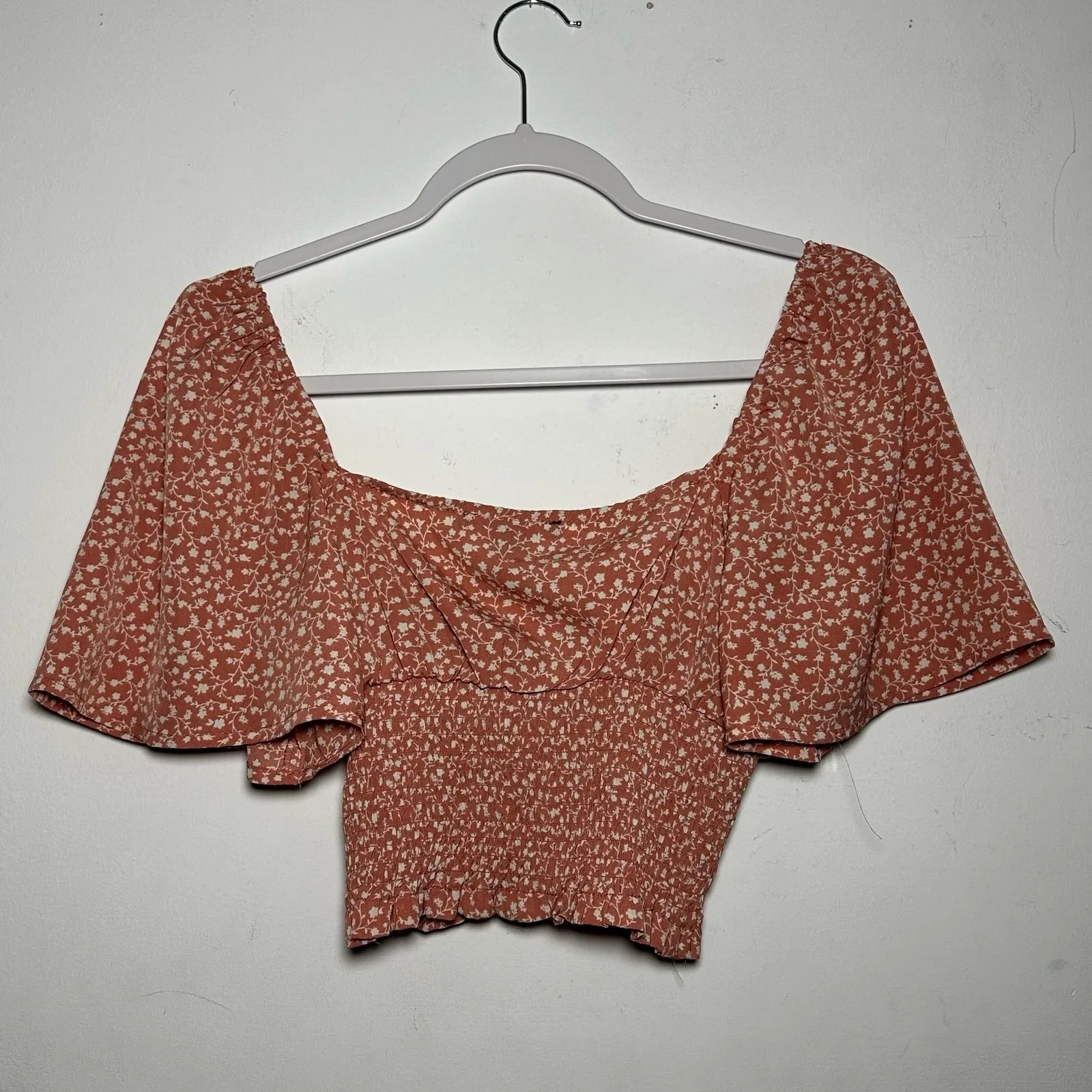FOREVER 21 Womens Floral Print Square Neck Shirred Crop Top rust Orange Size S - Image 2