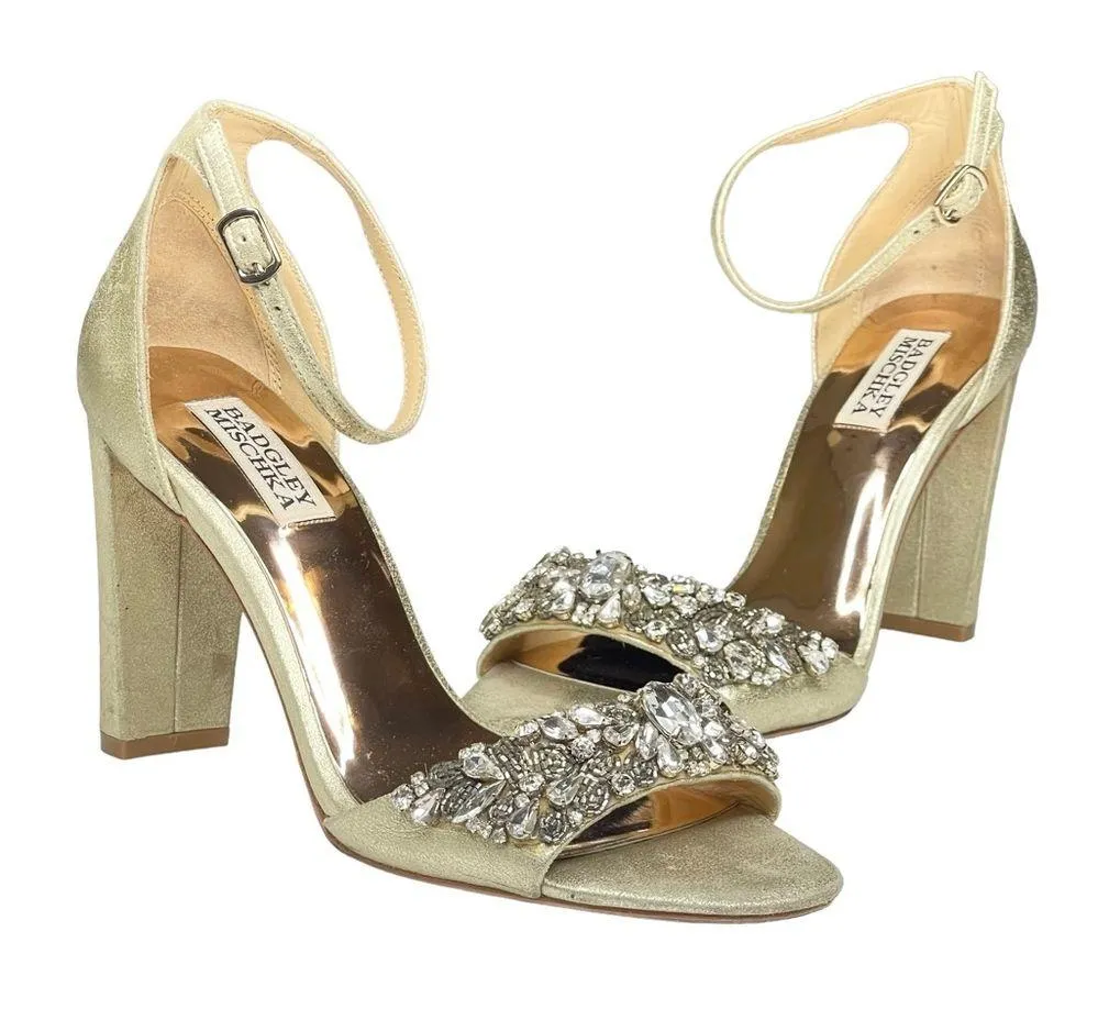 ❧ Barby Crystallized Heeled Sandals ❧ Gold Shimmery Leather ❧ 8M - Image 15