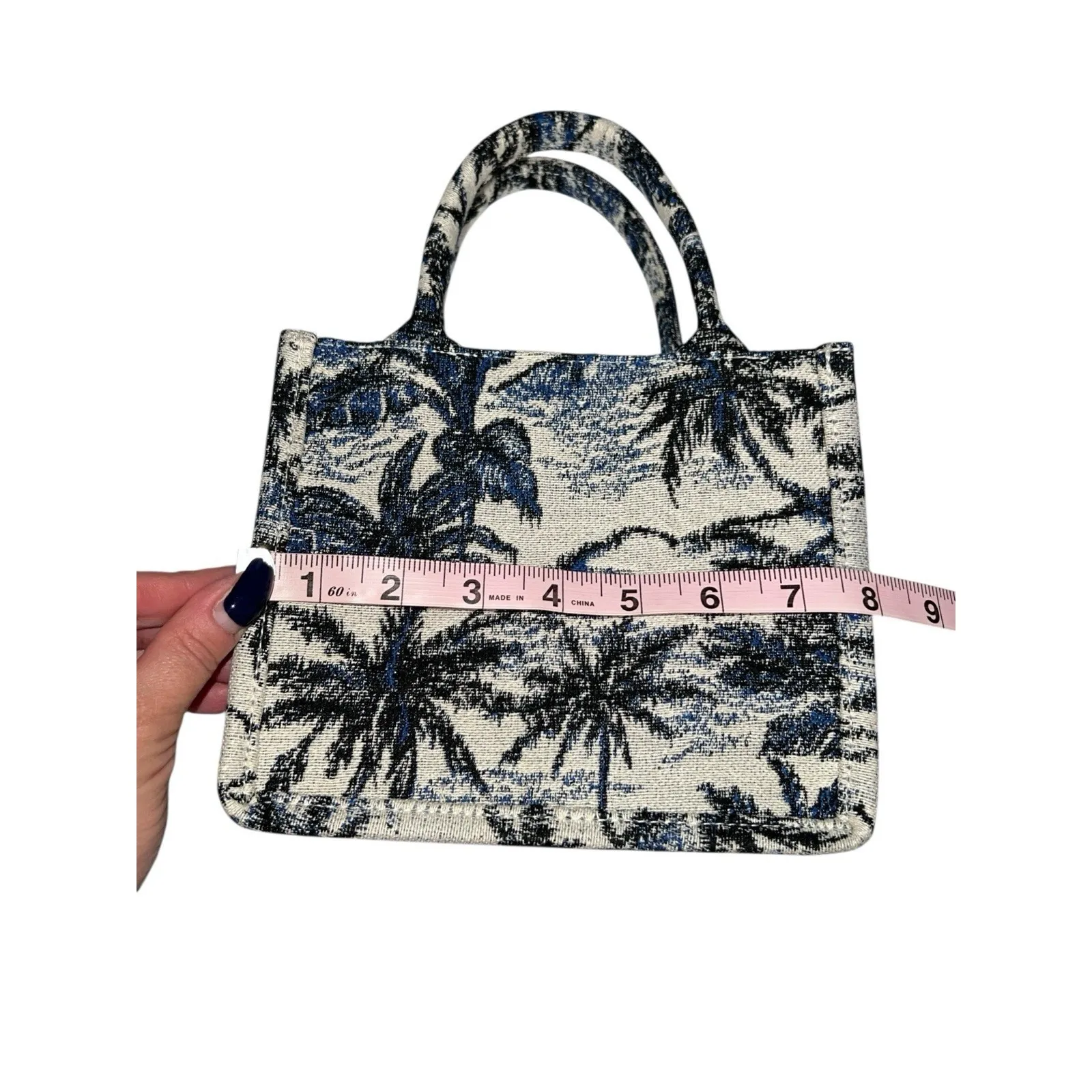 H&M Mini Tote Jacquard Tote Palm Tree Leaf Tropical Bag Crossbody Strap Blue EUC - Image 6