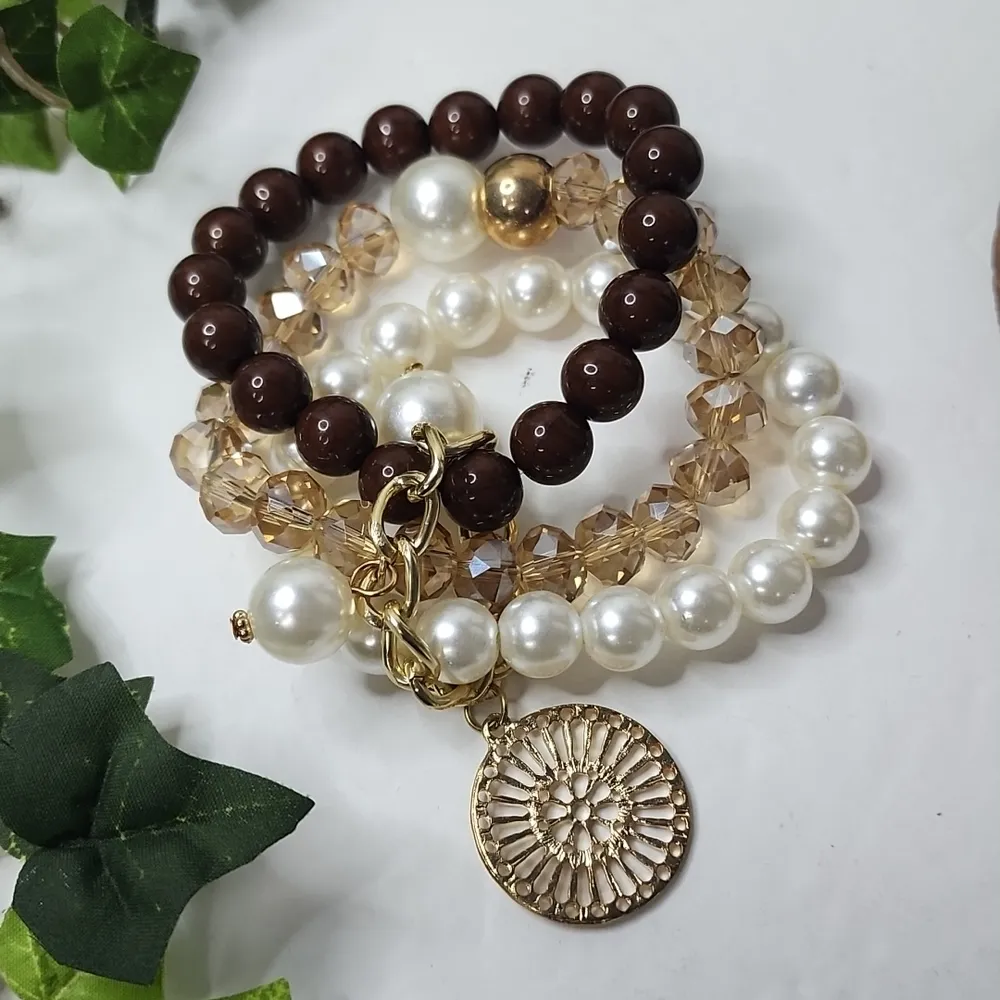 Boho Gold Brown Multi Stretch Bracelet Set - Image 2