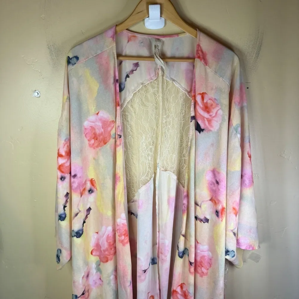 Melissa McCarthy Seven Kimono Cardigan Floral Lace Fringe Boho Robe Plus Size 1X Pink - Image 2