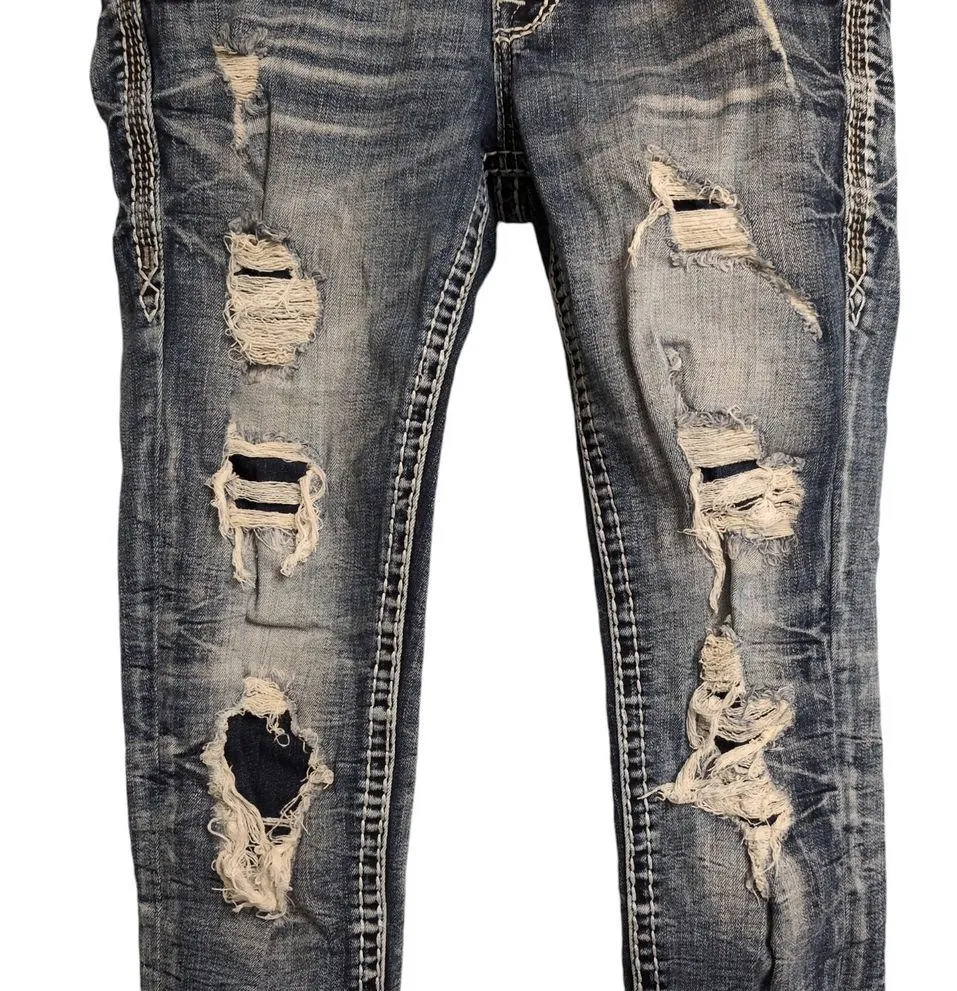 Rock Revival Blue Distressed Embroidered Rhinestone Agata Skinny Jeans Size 25 - Image 4
