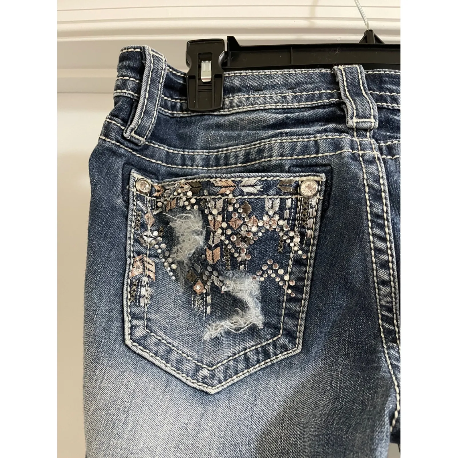 Miss Me Jeans Womens Size 29 Distressed Embellished Pocket Blue Denim Skinny - Image 6