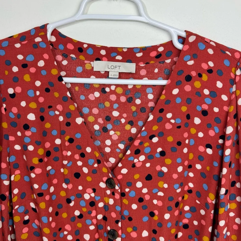 Loft Dotted V Neck Tie Waist Midi Shirt Dress Size 8 Multicolor Long Sleeve - Image 8