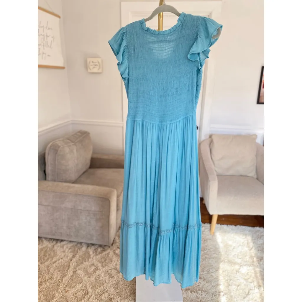 August Sky Smocked Maxi Dress Blue Ruffle Sleeve L Cottagecore Quiet Luxury Size L - Image 2