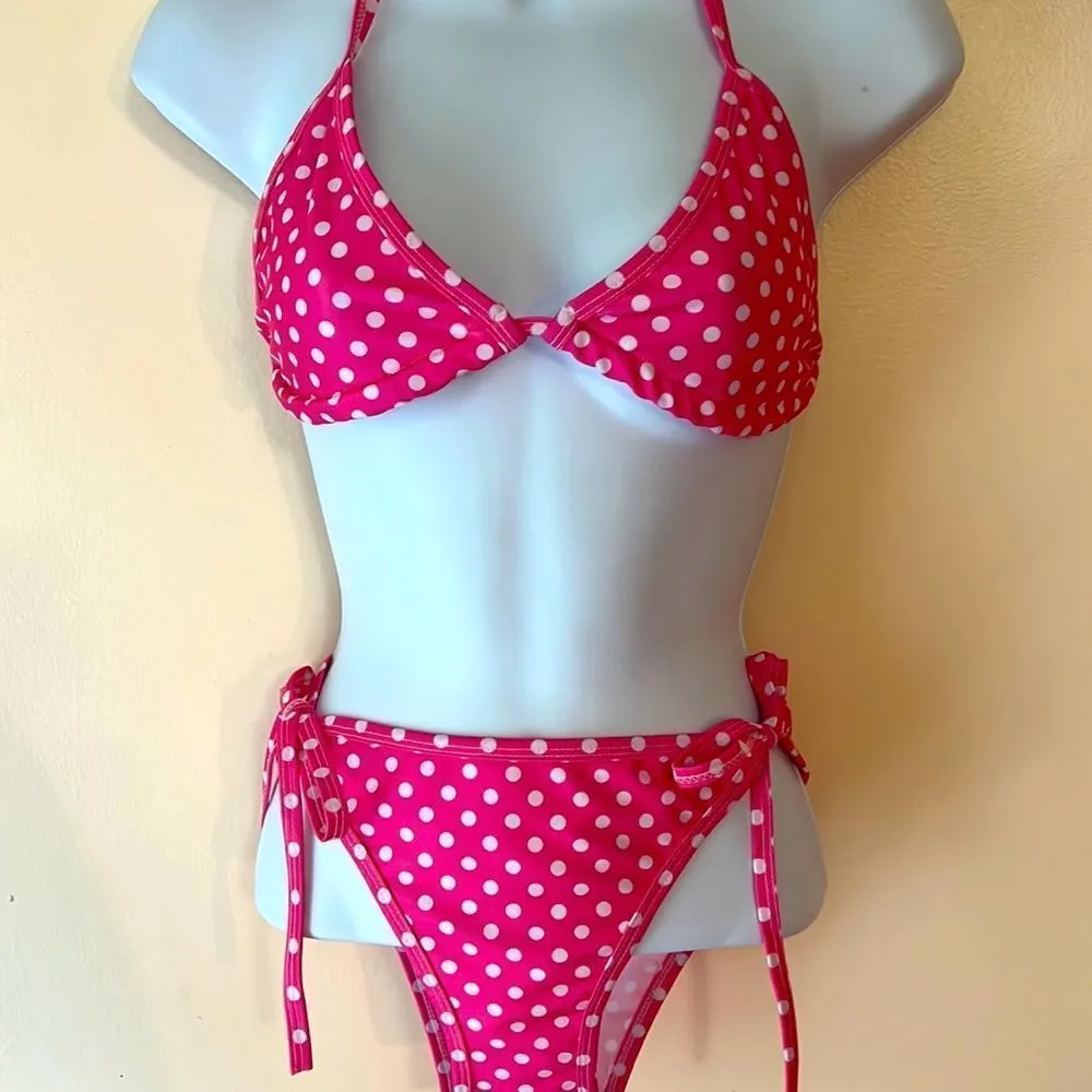 Pink and White Polka Dot String Bikini Sz OS - Image 2