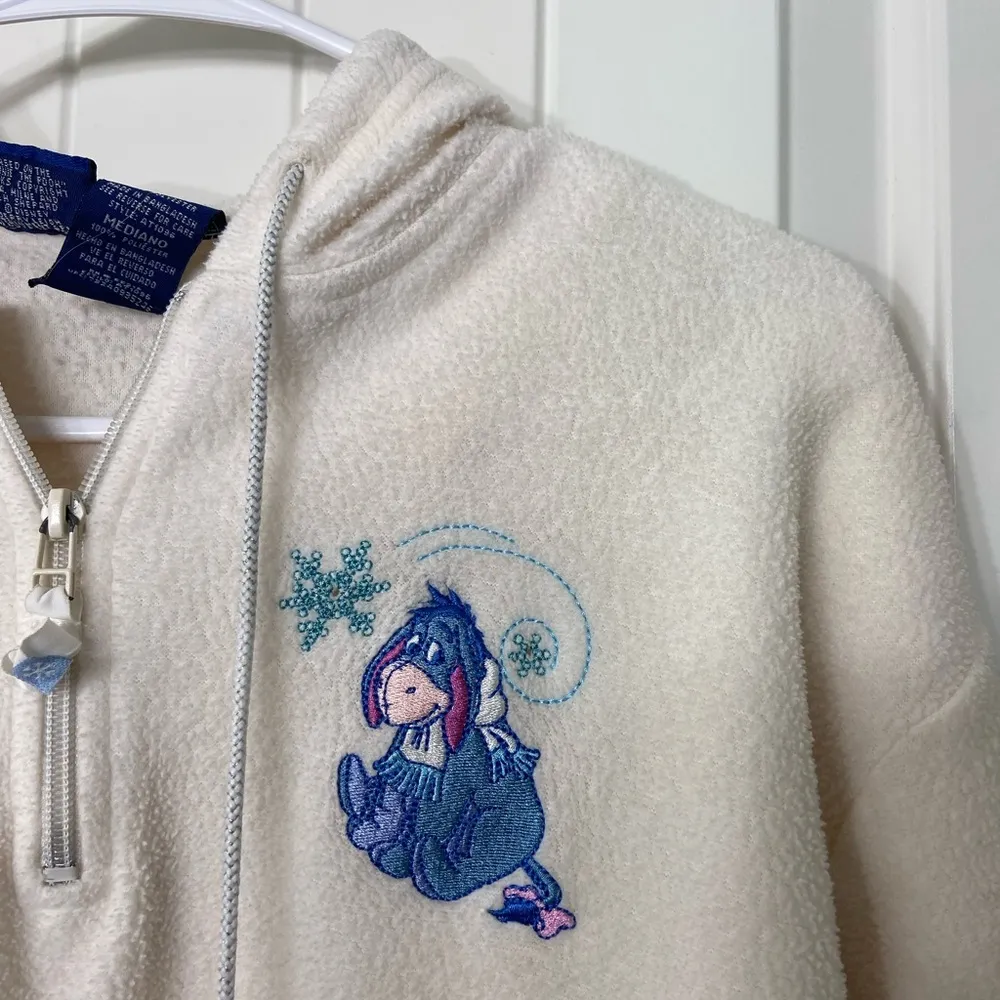EUC Vintage Pooh women’s cream soft fleece Eeyore patch pompom hood sweatshirt M Blue Size M - Image 2