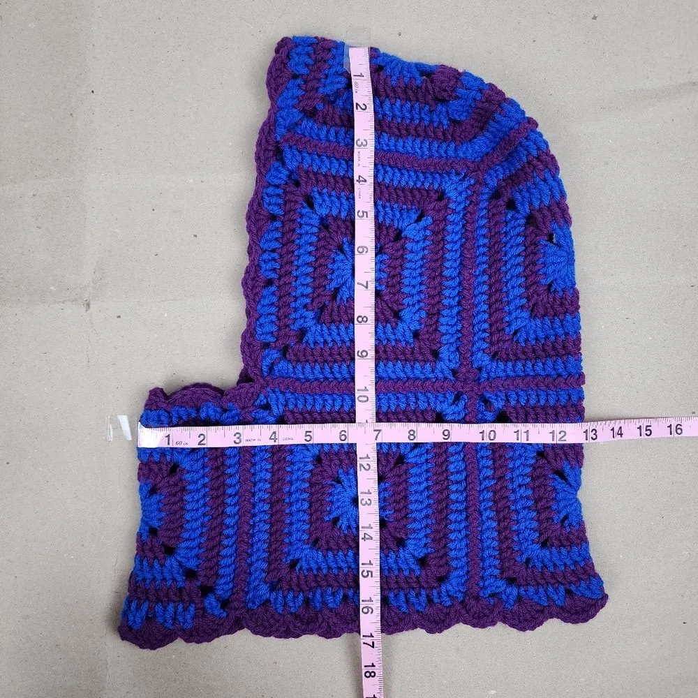 New Crochet Handmade Balaclava Granny Square Blue Purple hat beanie head warmer - Image 8