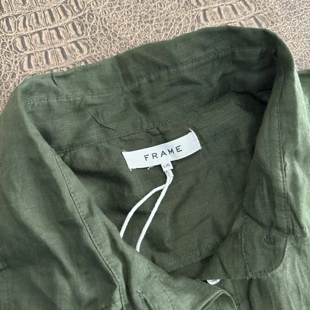 Frame Smocked Shirt Dress Fatigue Green Puff Sleeve Size L - Image 5