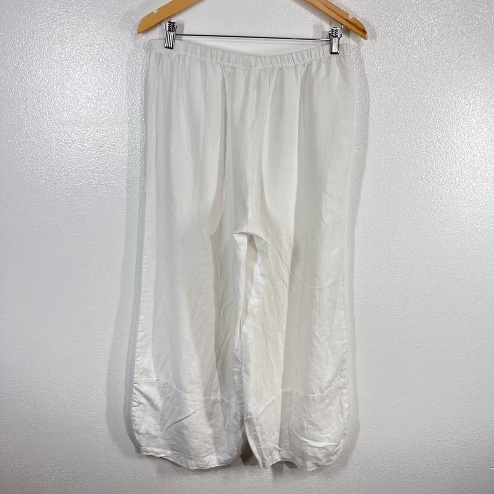 KIYO 100% Linen Gaucho Pants Cropped Wide Leg Elastic Waist White XL Made In USA - Image 3