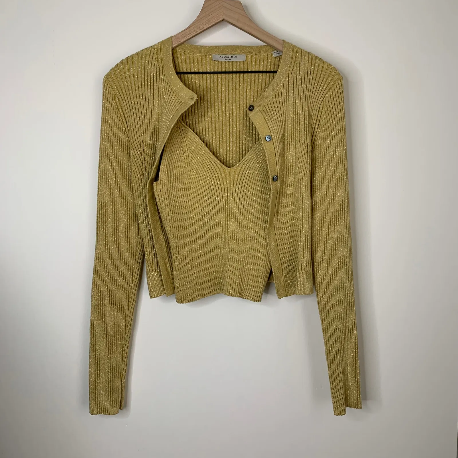 All Saints Tank and Cardigan Lexi Ribbed in Gold Womens Large Two piece - Image 2