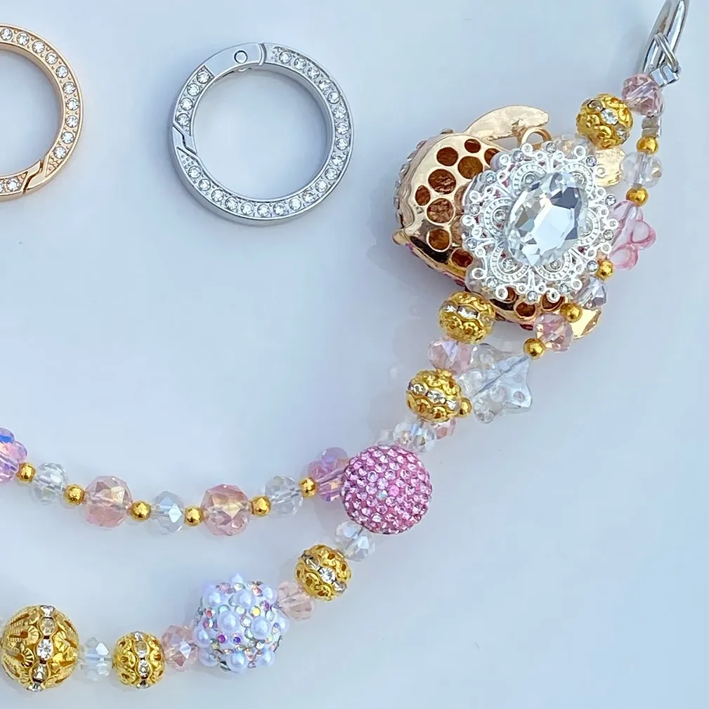 🐰Luxury Bag/Phone Chain Charm/Keychain Sparkly Bling Beads Rhinestone Pink Bunny - Image 6