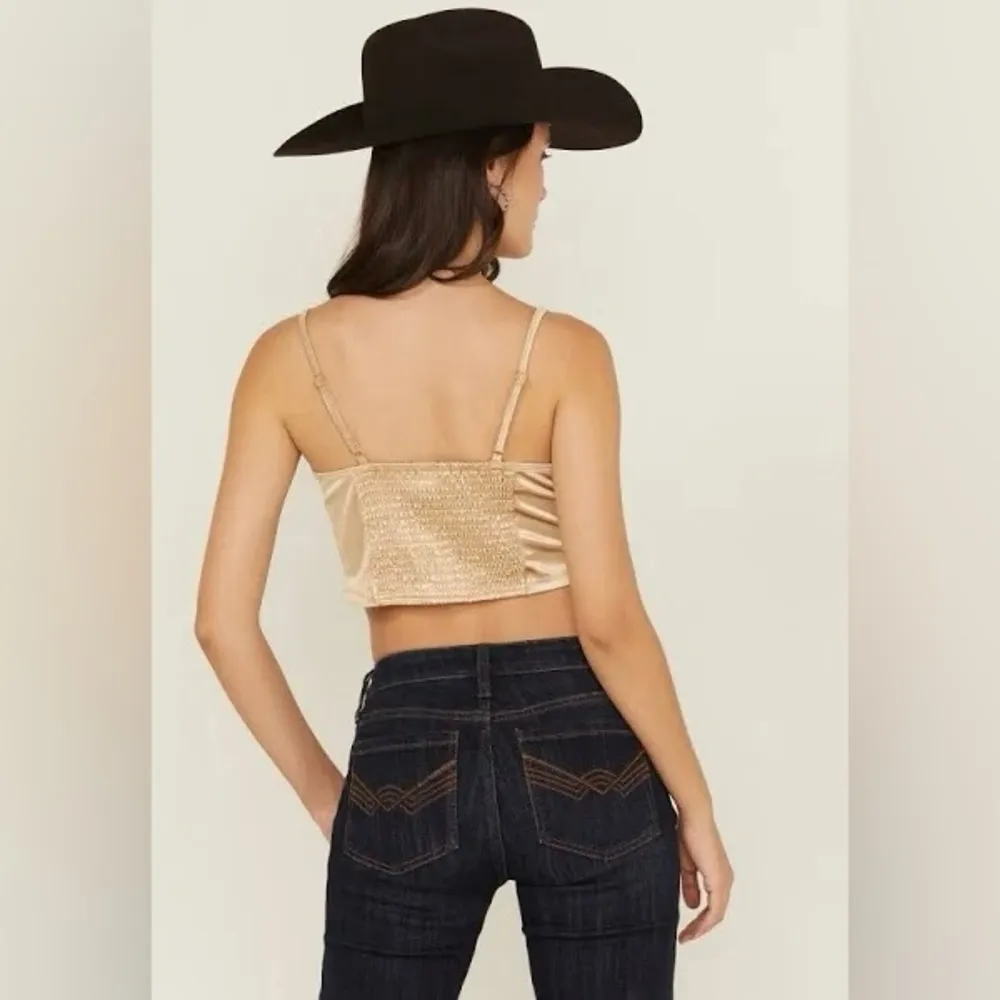 Free People Top Womens Large Latte Casino Royal Brami Crop Smocked Back Y2K NEW - Image 3