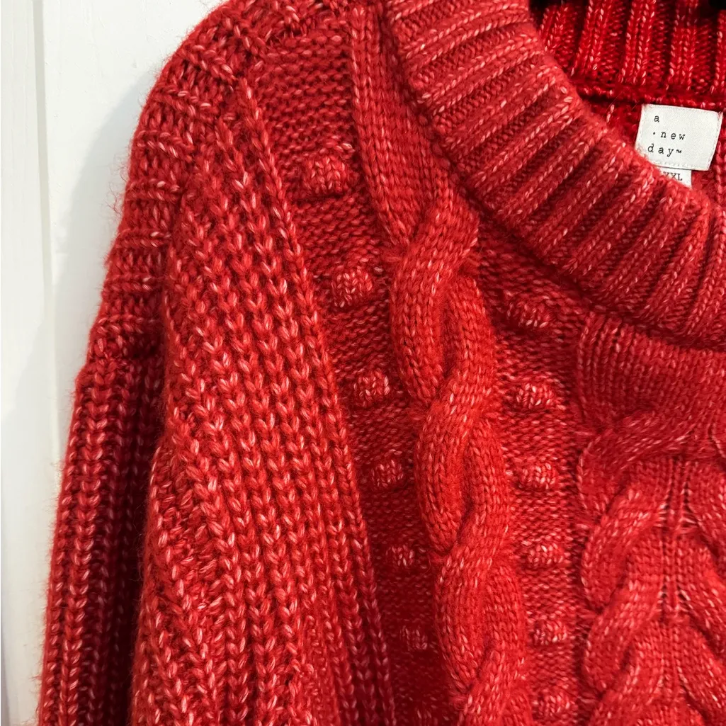 A New Day Plus Cable Knit Red Crew Neck Balloon Sleeve Sweater XXL - Image 2