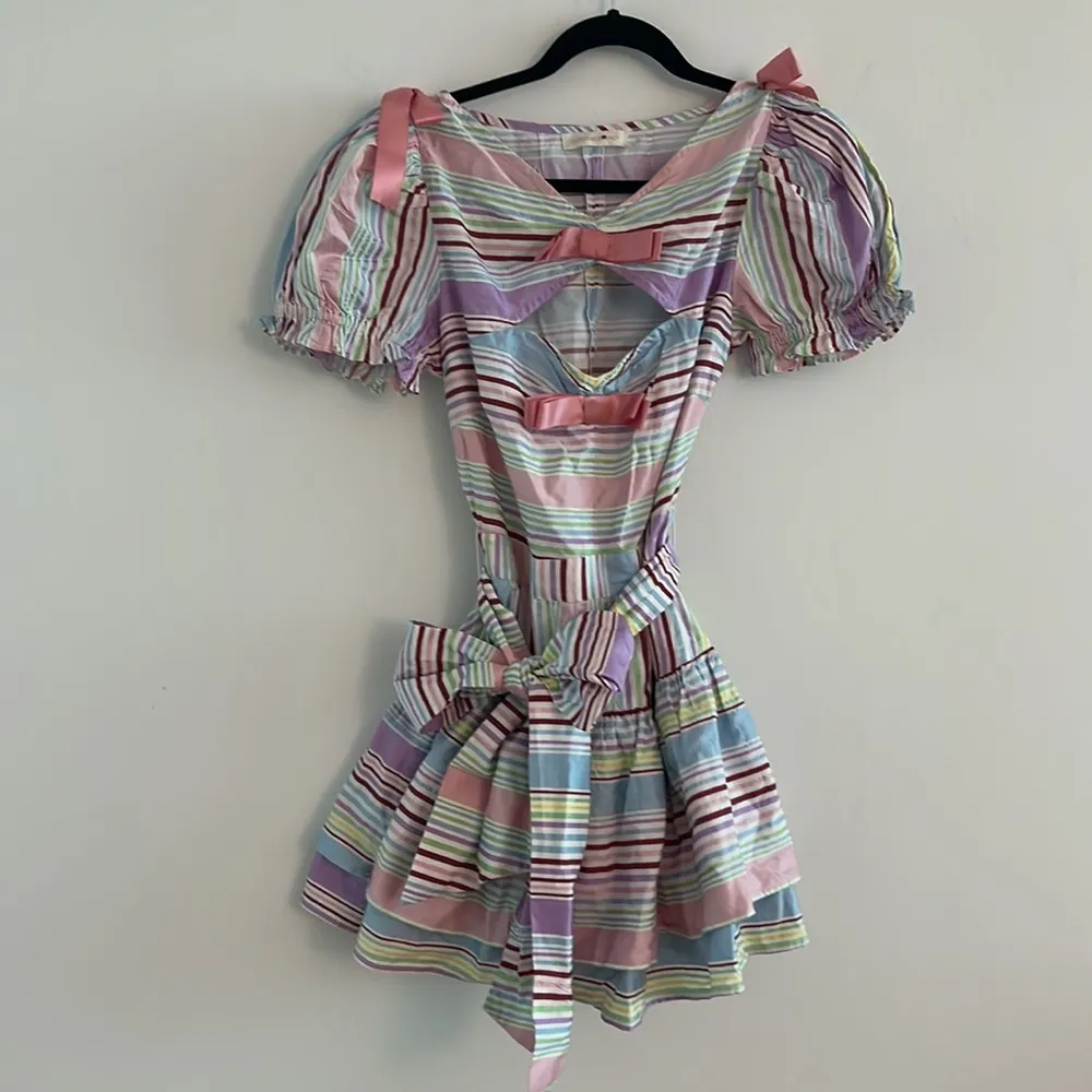 NWOT Loveshackfancy striped bow cut out fit and flare dress - Image 4