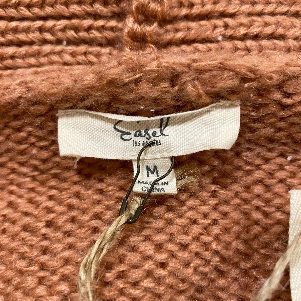 Easel Los Angeles Brown Knit Cardigan White Stripe Sleeves Open Front Size M - Image 5