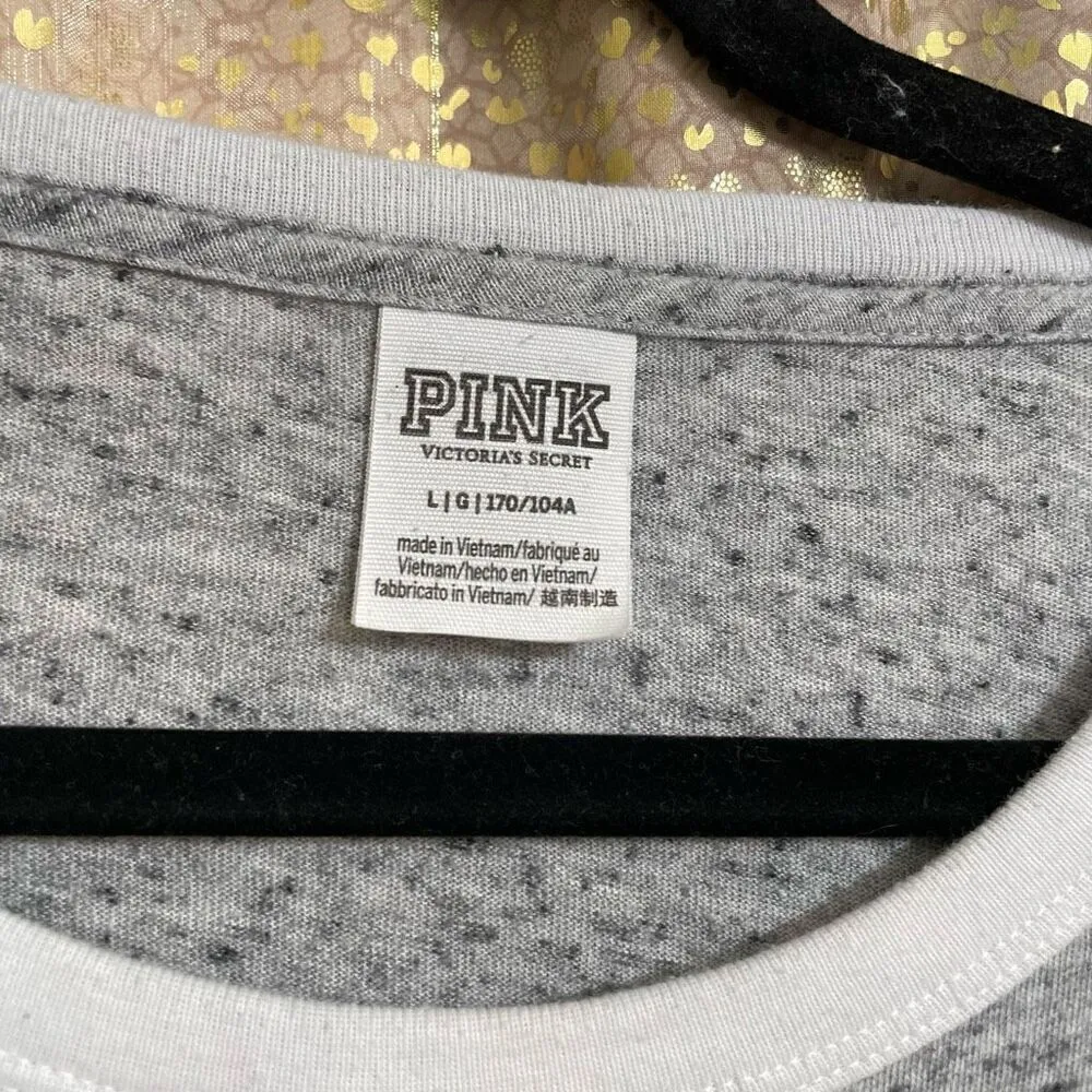 PINK Victorias Secret Heather Gray White Ringer Stretchy T Shirt Large - Image 3