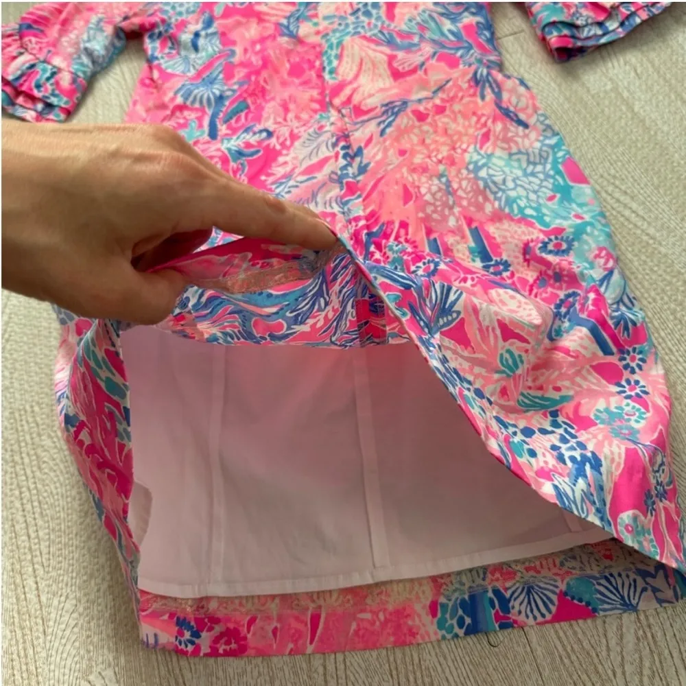 Lilly Pulitzer Fiesta Stretch Dress 00 Pink Aquadesiac Ruffle Sleeve Mini Summer - Image 12