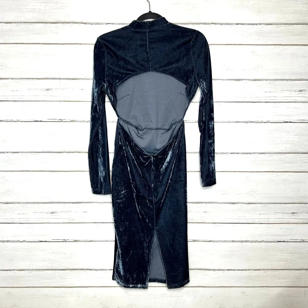 Pretty Little Thing Velvet Midi Dress Long Sleeve Blue Size 12 - Image 2
