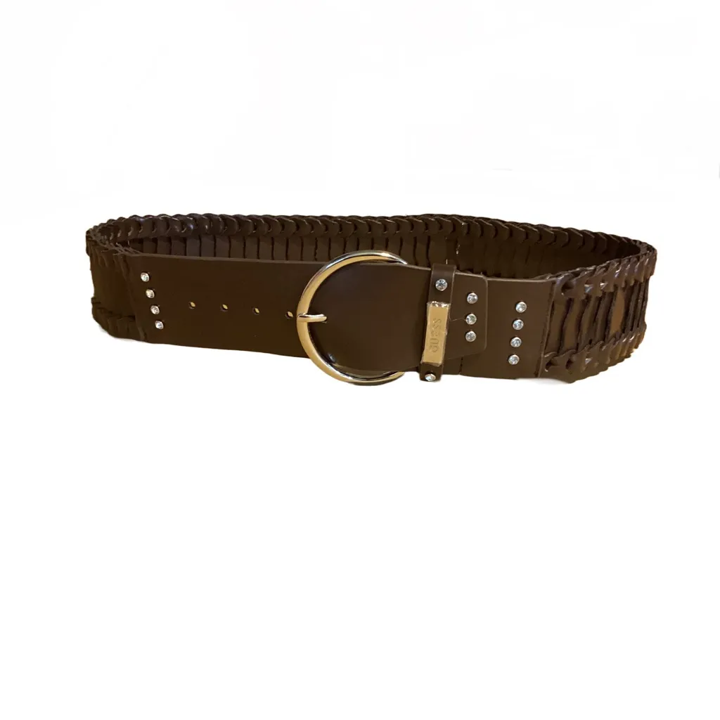 GUESS DARK BROWN THICK FAUX LEATHER STATEMENT BELT W/RHINESTONE ACCENTS (L) - Image 2