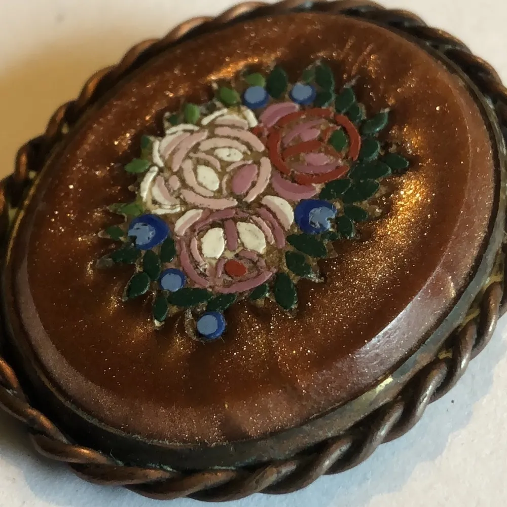 Antique Gold Stone Micro Mosaic Floral Bronze Color Shimmer Brooch Pin - Image 3