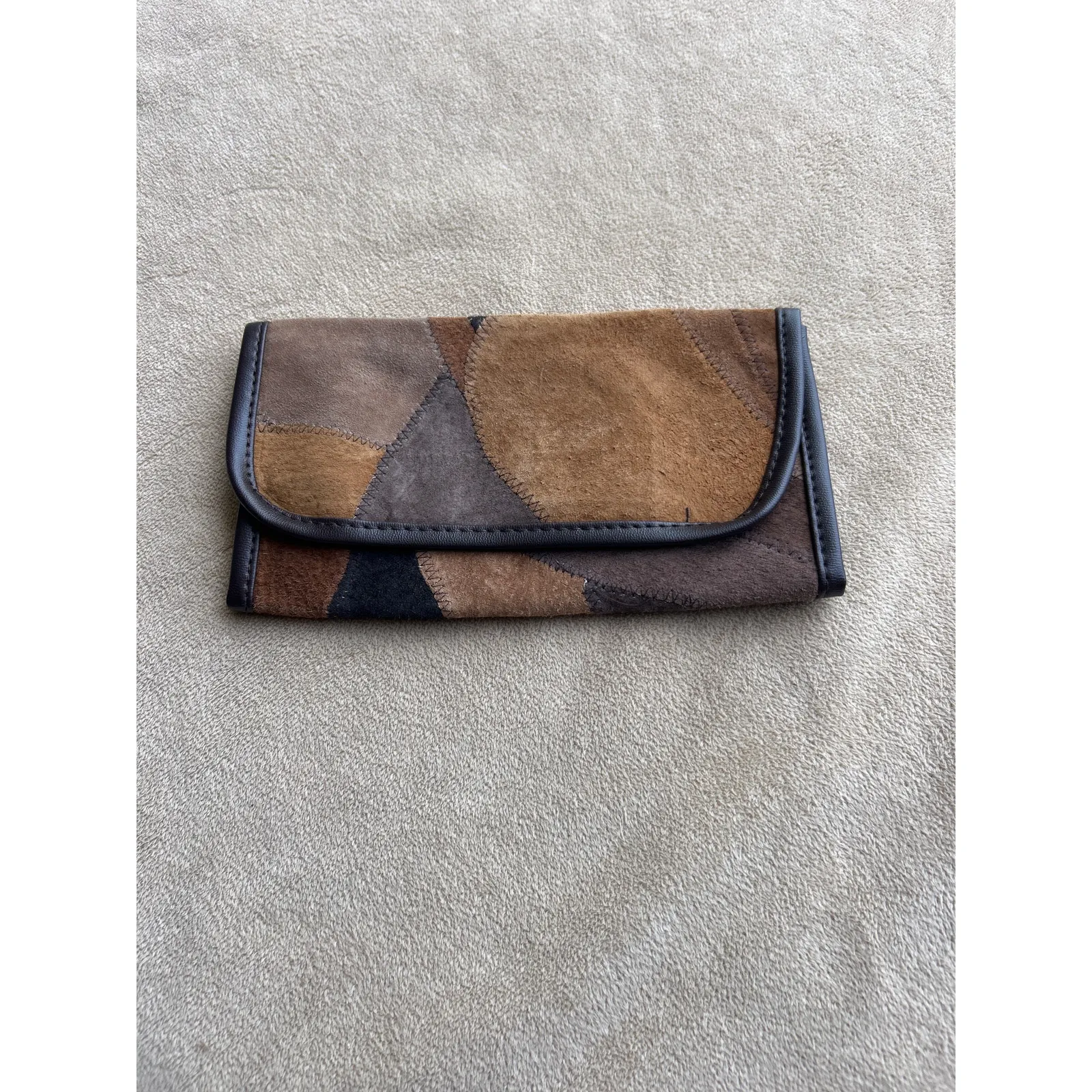 Vintage Style Patchwork Suede Purse Brown Pig Leather Wallet Shoulder Bag - Image 9