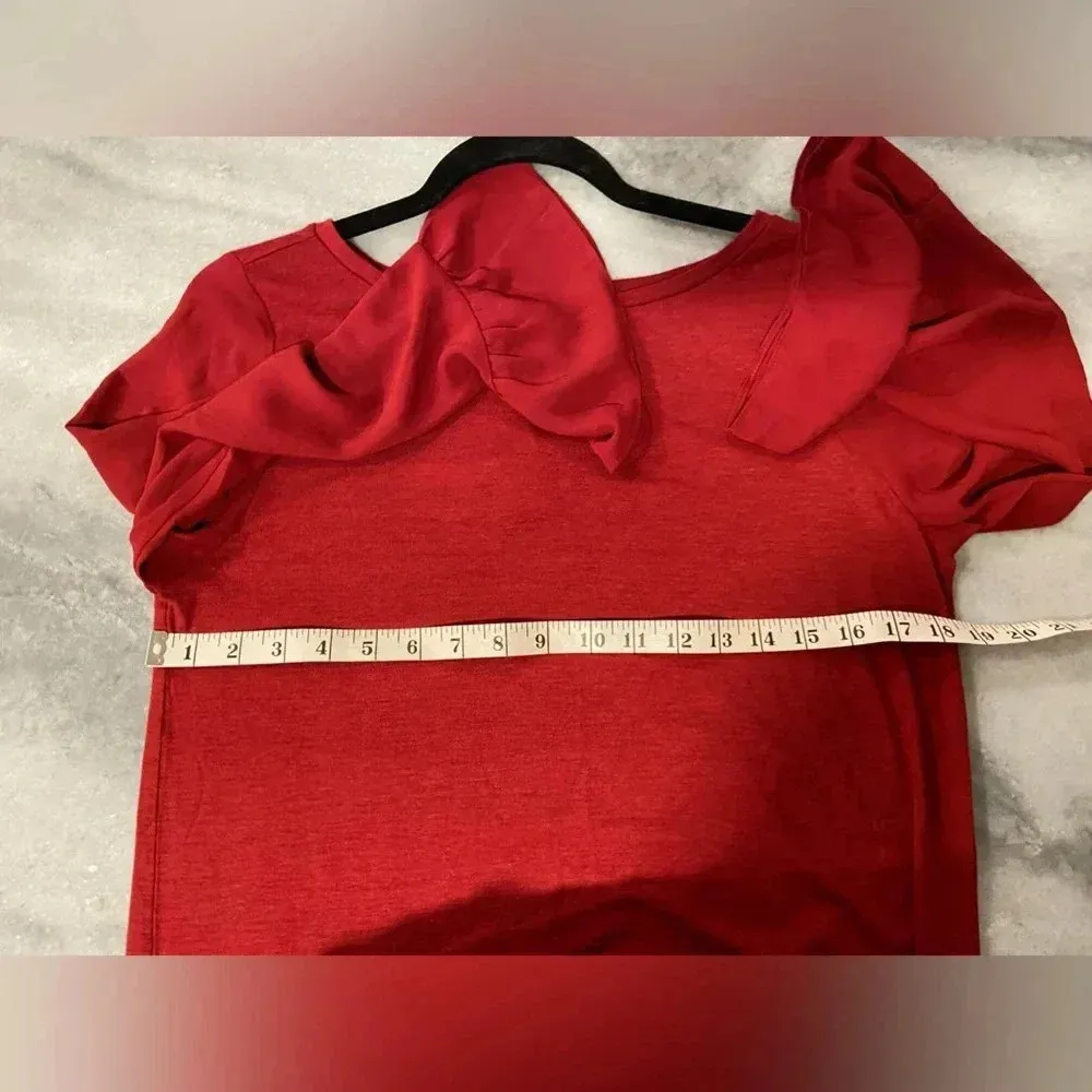 NWT Loft Red Ruffle Cuff Sheer Sleeve Scoop Neck Knit Pullover Top Blouse Size M - Image 6