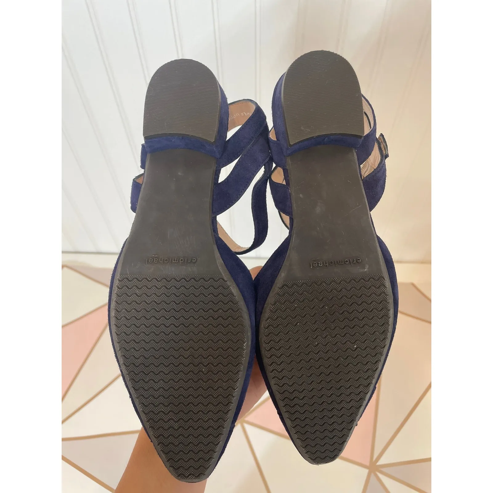 ERIC MICHAEL Navy Made In Portugal Suede Camila Low Heel Flats Sling Back Size 7 - Image 4